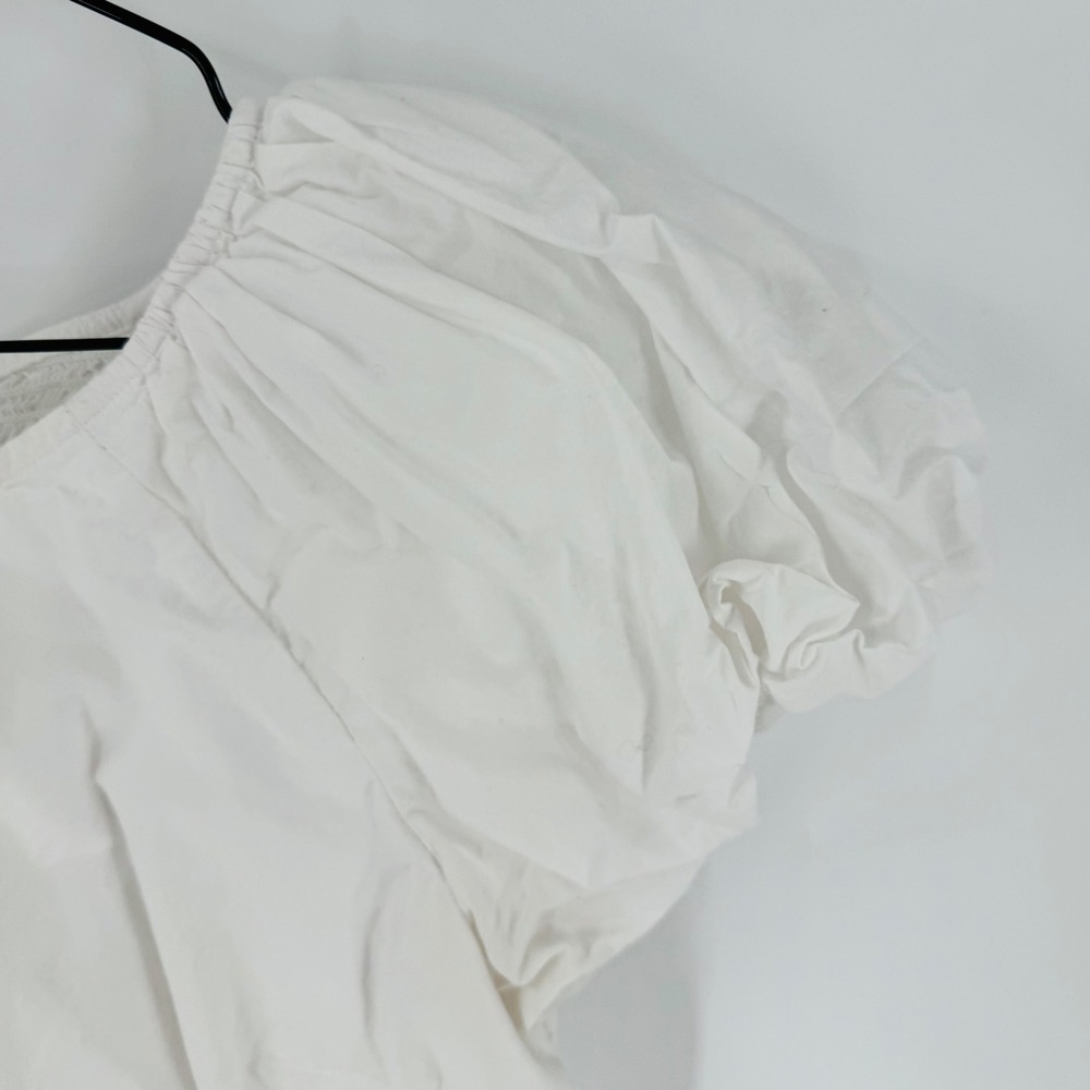 J. Crew White Cropped Puff Sleeve Top Size 14 Smocked Regenerative Cottin Poplin - Picture 7 of 8